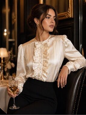 100% Silk Cream Ruffle-Front Long Sleeve Blouse